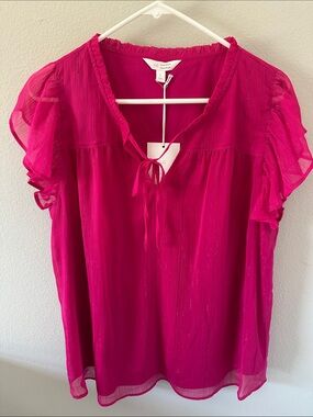 LC Lauren Conrad Bright Fuchsia Tie-Front Ruffle Sleeve Blouse